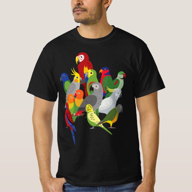 Parrot Flock - Macaw, Cockatoo, African Grey, & Bu T Shirt (Framsida)