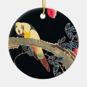 Parrot Gren vid Blommar Ro Bush Julgransprydnad Keramik