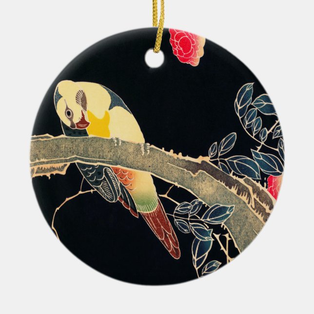 Parrot Gren vid Blommar Ro Bush Julgransprydnad Keramik (Framsidan)