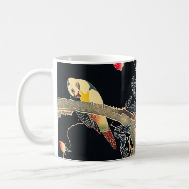 Parrot Gren vid Blommar Ro Bush Kaffemugg (Vänster)
