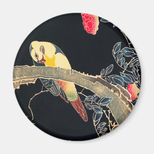 Parrot Gren vid Blommar Ro Bush Magnet
