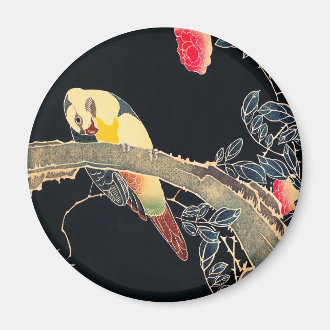 Parrot Gren vid Blommar Ro Bush Magnet (Framsidan)