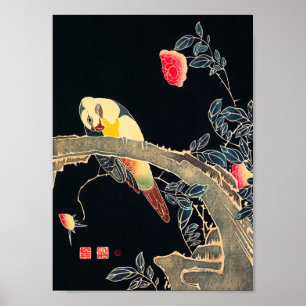 Parrot Gren vid Blommar Ro Bush Poster