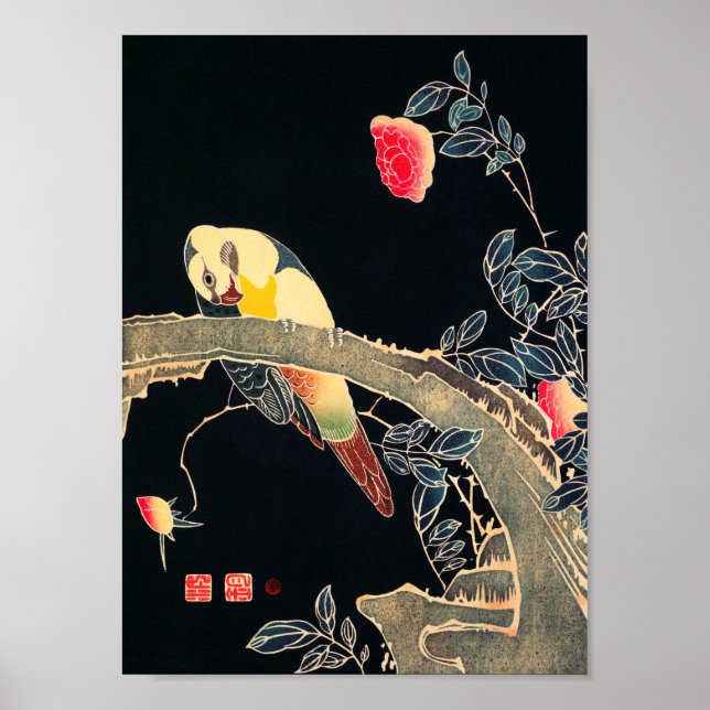 Parrot Gren vid Blommar Ro Bush Poster (Framsidan)