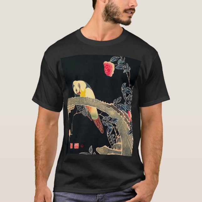Parrot Gren vid Blommar Ro Bush T Shirt (Framsida)