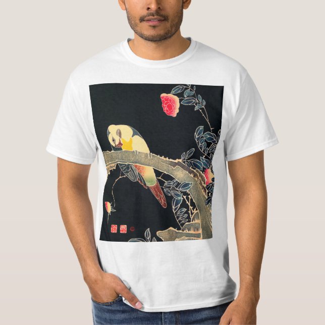 Parrot Gren vid Blommar Ro Bush T Shirt (Framsida)
