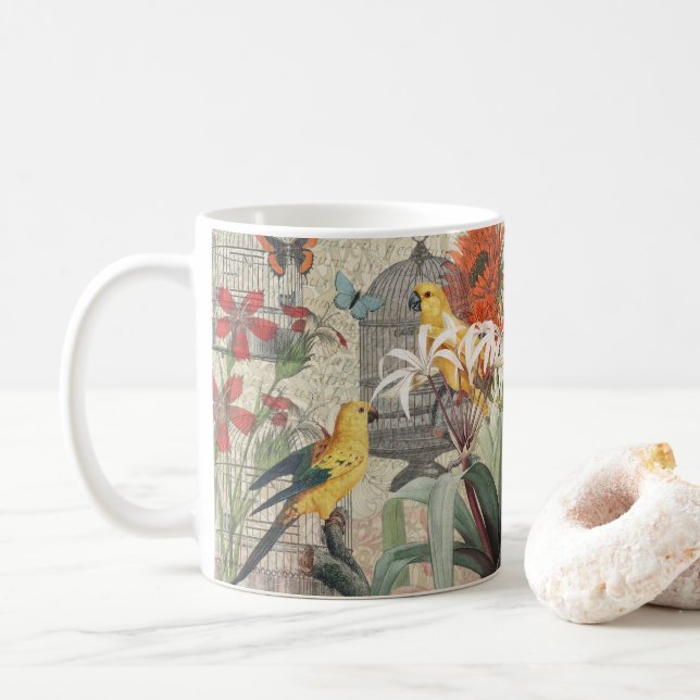 Parrot-Gult Tropical Antique Flower Kaffemugg (Med munk)