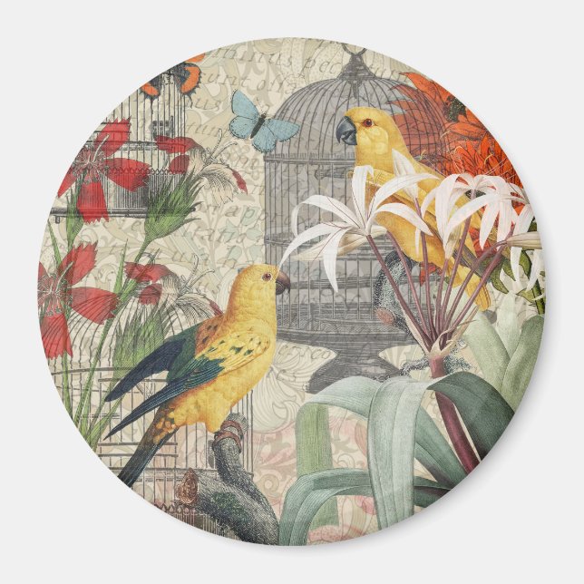 Parrot-Gult Tropical Antique Flower Magnet (Framsidan)