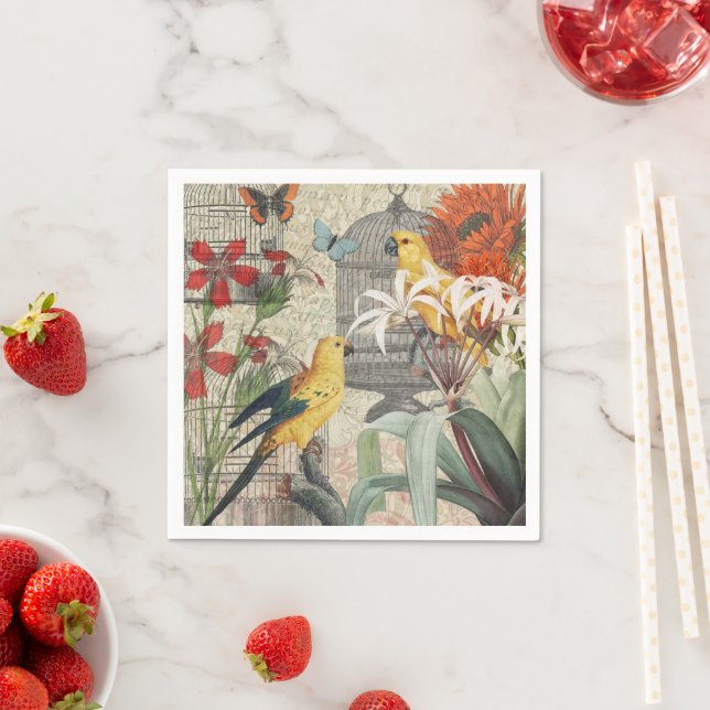 Parrot-Gult Tropical Antique Flower Pappersservett (Insitu)