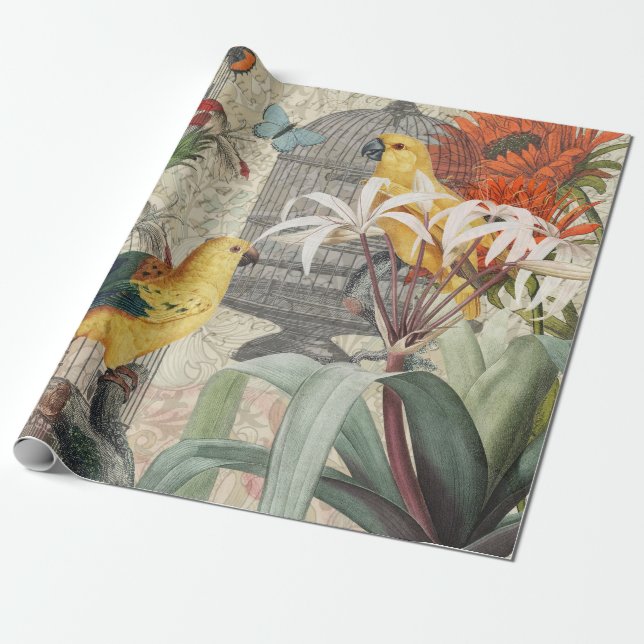 Parrot-Gult Tropical Antique Flower Presentpapper (Utrullad)