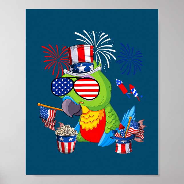 Parrot Holding American Flagga Sunglasses Lycklig  Poster (Framsidan)