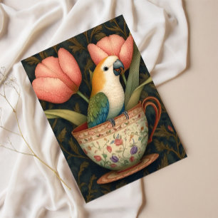 Parrot i Tekopp med Tulips Helg Vykort