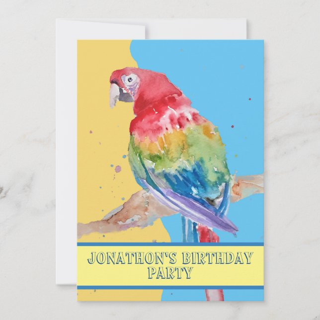 Parrot Macaw Blue Birthday Barn Boys gult Inbjudningar (Framsida)