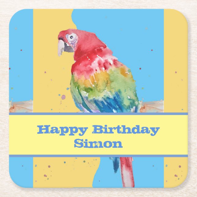 Parrot Macaw Blue Birthday Boys Manar Namn Underlägg Papper Kvadrat (Framsidan)