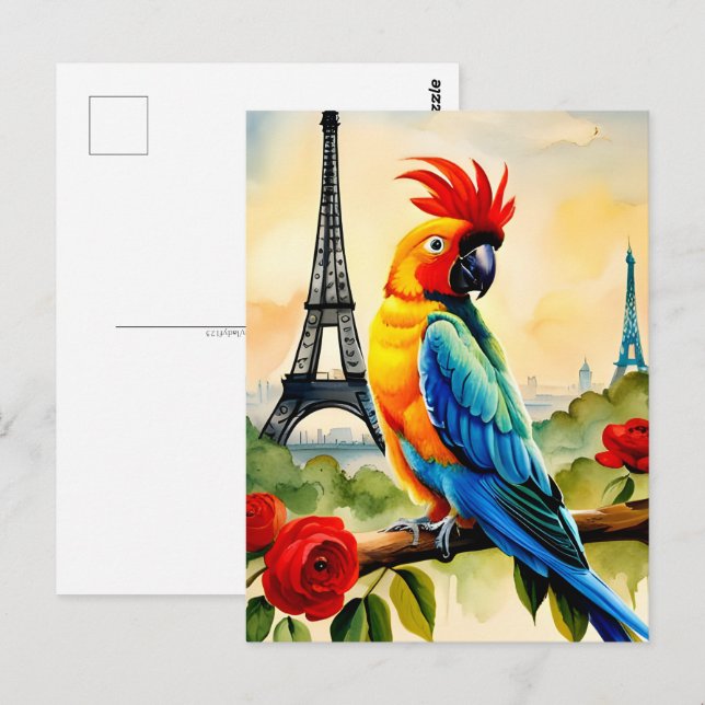 Parrot med Eiffel torn, postkorsning Vykort (Fram/baksida)