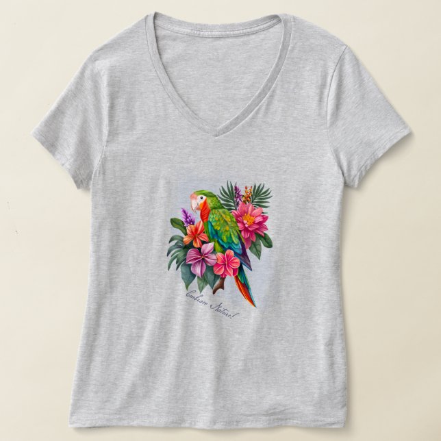 Parrot med tropiska blommor - Embrace Nature T Shirt (Laydown)