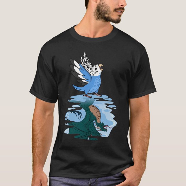 Parrot och Dragon Reflection I Blue Budgie Budgeri T Shirt (Framsida)