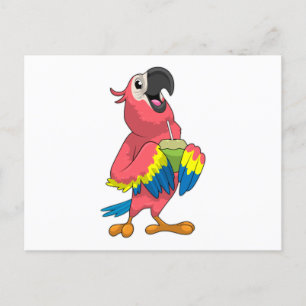 Parrot och kokonut med dricksstrå vykort