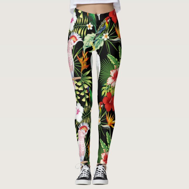 Parrot och Macaw med tropiska växter Mönster Leggings (Framsida)