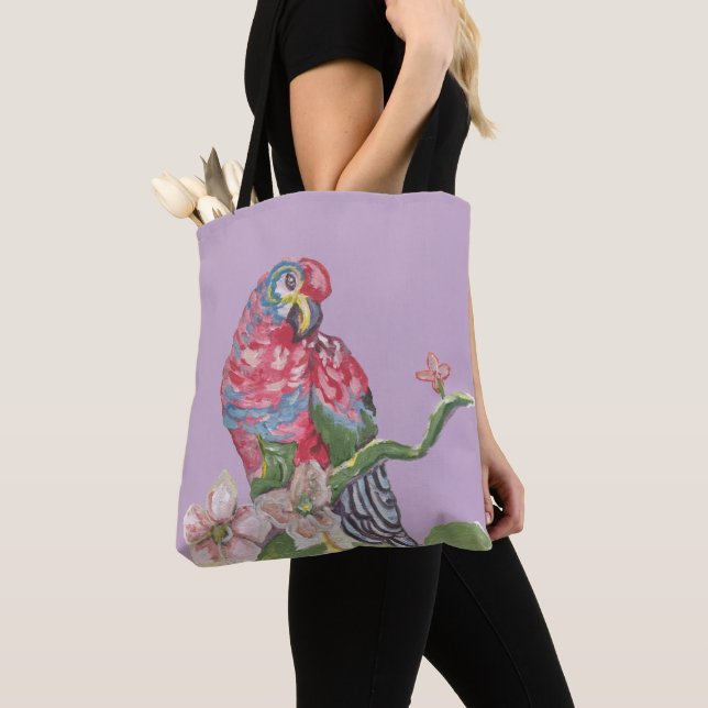 Parrot Painting Lila Tote Bag Tygkasse (Närbild)