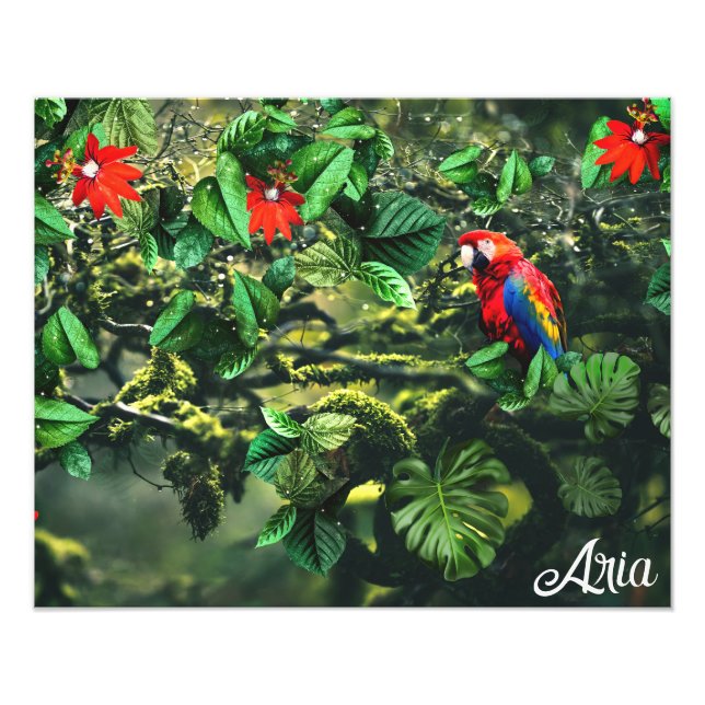 Parrot scarlet macaw i djungel med blommor fototryck (Framsidan)