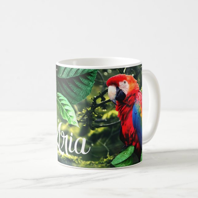 Parrot scarlet macaw i djungel med blommor kaffemugg (Framsida höger)