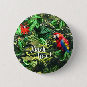 Parrot scarlet macaw i djungel med blommor knapp