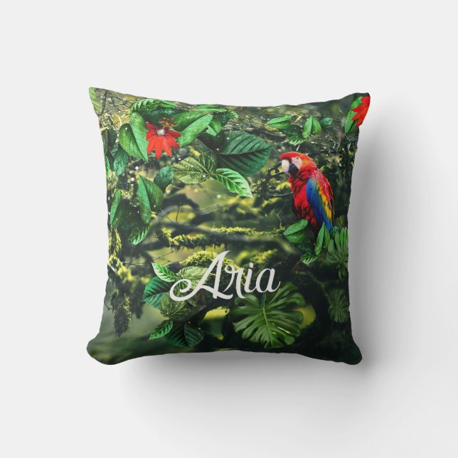 Parrot scarlet macaw i djungel med blommor kudde (Framsida)