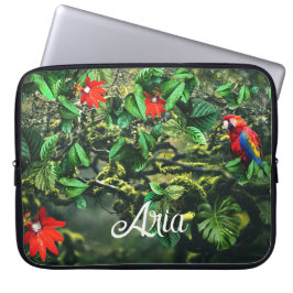 Parrot scarlet macaw i djungel med blommor laptop fodral