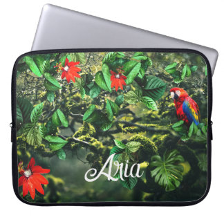 Parrot scarlet macaw i djungel med blommor laptop fodral