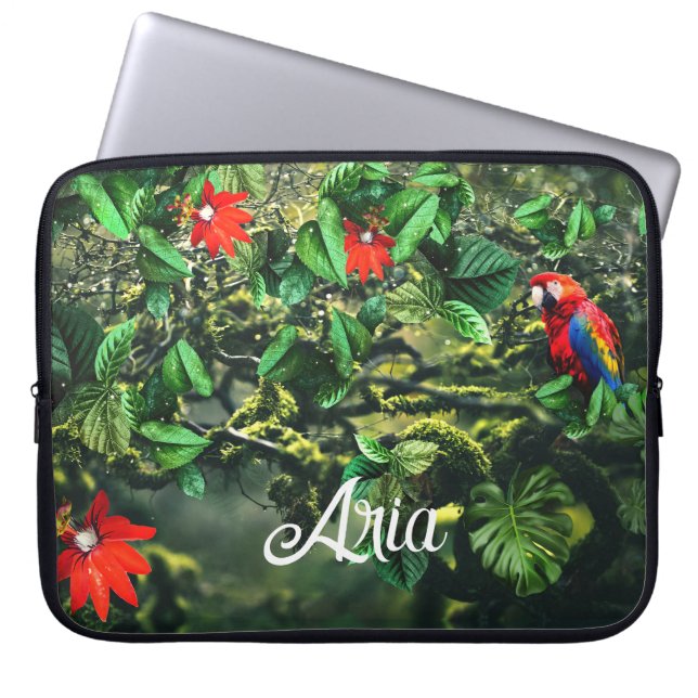 Parrot scarlet macaw i djungel med blommor laptop fodral (Framsidan)