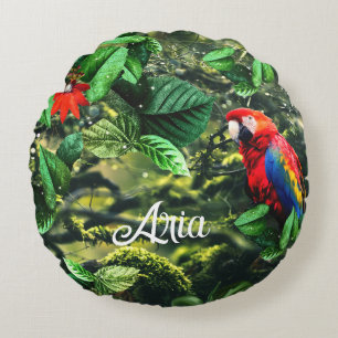Parrot scarlet macaw i djungel med blommor rund kudde