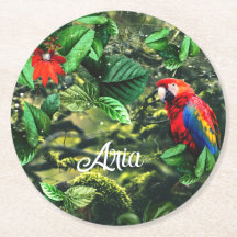 Parrot scarlet macaw i djungel med blommor