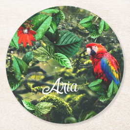 Parrot scarlet macaw i djungel med blommor underlägg papper rund