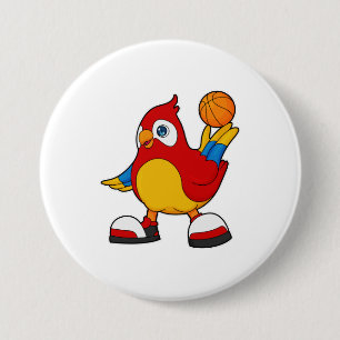 Parrot som basketspelare med basketboll knapp