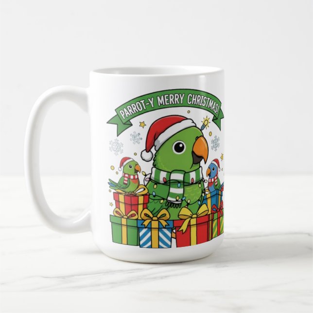 Parrot-y Merry Christmas – Cute Festive Parrot Hol Kaffemugg (Vänster)