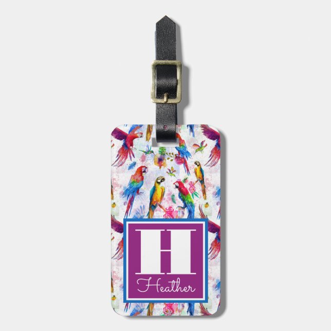 Parroter med vattenfärg Stil| Monogram Bagagebricka (Vertikal Framsida)