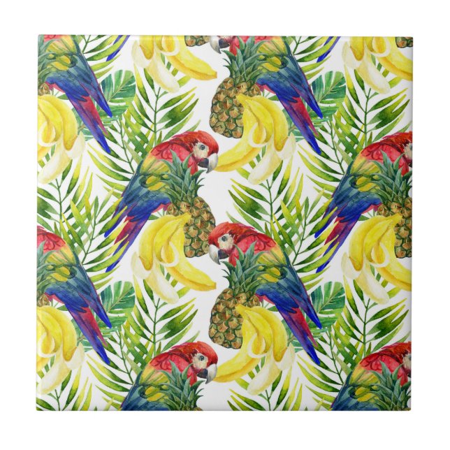 Parroter och tropiska frukter kakelplatta (Framsidan)