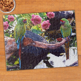 Parroter på gren med damm, sten, blommor pussel