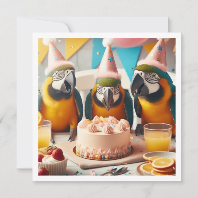 Parrots äter födelsedagskalas, fågelfödelsedag inbjudningar (Framsida)