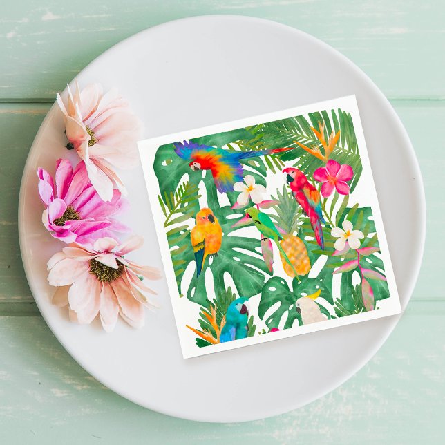 Parrots babydusch för tropisk blommigt med vattenf pappersservett (Watercolor tropical floral parrots baby shower napkins)