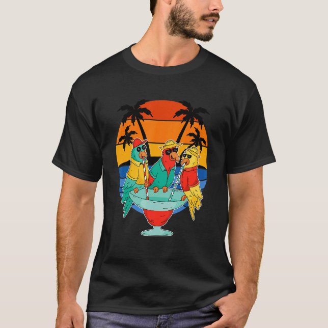 Parrots Drinking Hawaiian Vacation Sunset Handflat T Shirt (Framsida)
