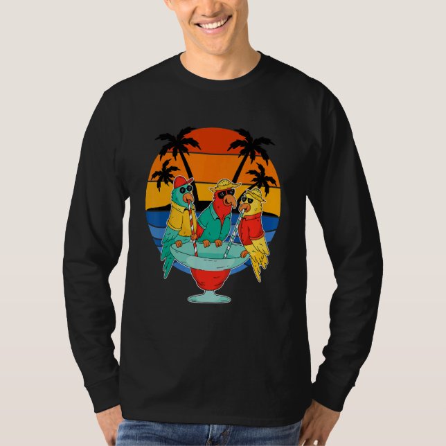 Parrots Drinking Hawaiian Vacation Sunset Handflat T Shirt (Framsida)