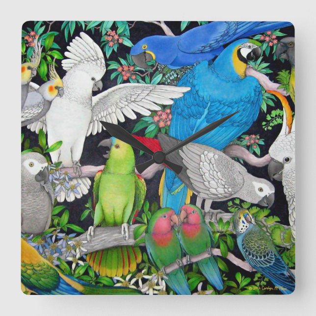 Parrots från World Wall Clock Fyrkantig Klocka (Framsida)