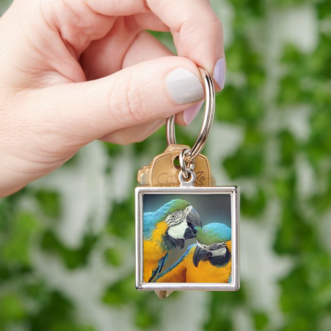 Parrots i kärlek - söt fyrkantig silverfärgad nyckelring (Hand)