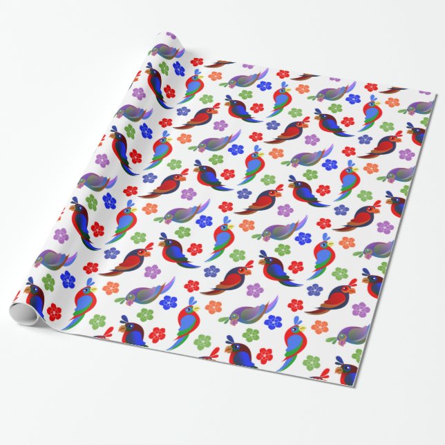 Parrots och blommor presentpapper (Utrullad)