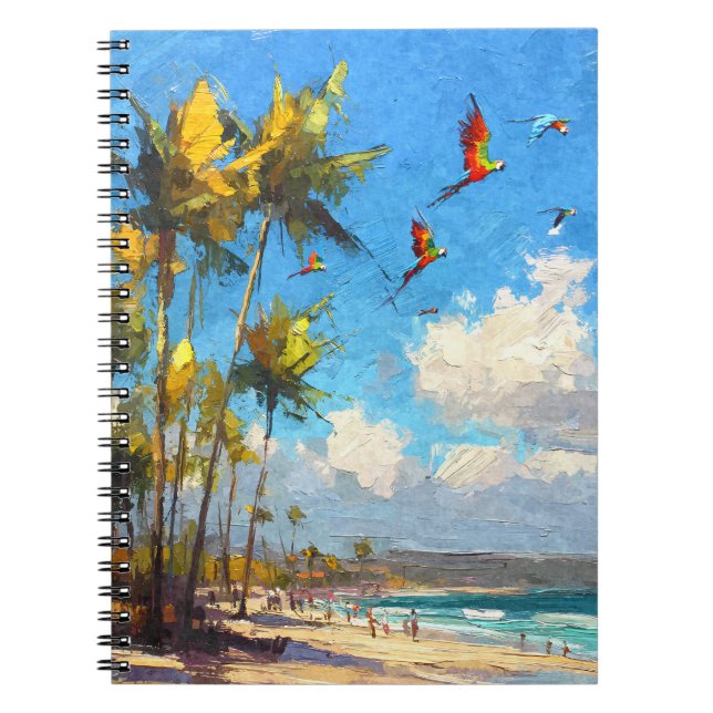 Parrots Soaring Tropical Handflatan Beach Art Anteckningsbok (Framsidan)