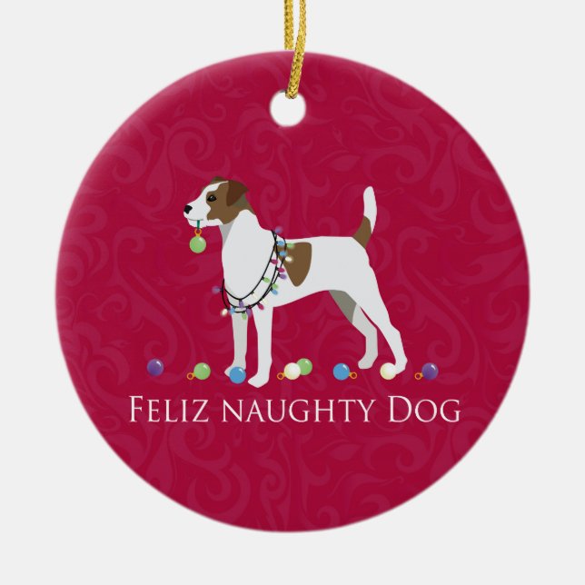 Parson Russell Terrier Feliz Naughty Hund jul Julgransprydnad Keramik (Framsidan)