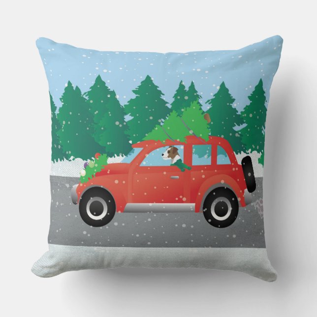 Parson Russell Terrier som kör julbil Kudde (Framsida)