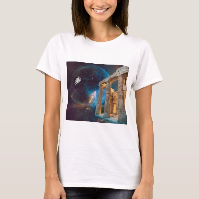 Parthenon Acropolis Greece möter rymden T Shirt (Framsida)